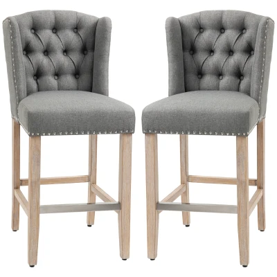 HOMCOM Counter Height Bar Stools Set of 2, Upholstered Bar Chairs with Nailhead Backrest and Footrest, Grey