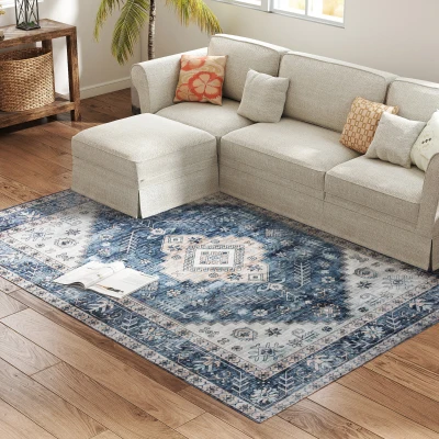 HOMCOM 5x7 Area Rug, Vintage Machine Washable Rug, Non-Slip Floor Carpet for Living Room, Bedroom, Dining Room, Blue