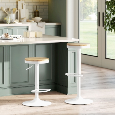 HOMCOM Wood Barstools Set of 2, Swivel Bar Stools with Adjustable Height for Kitchen Counter, Natural Wood and White