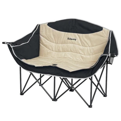 Outsunny Portable Camp Chair, Double Camping Chair with Cup Holders and Carry Bag, Support 551 lbs, Khaki