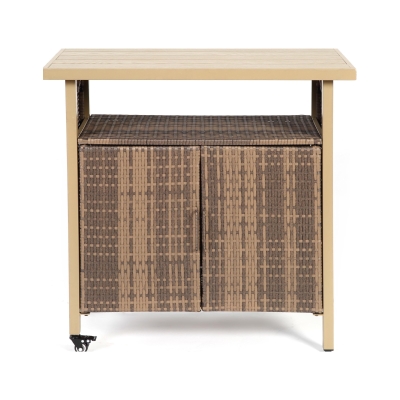 Outdoor Wicker Bar Cart with Plastic Wood Tabletop, Light Brown