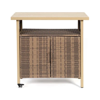 Outdoor Wicker Bar Cart with Plastic Wood Tabletop, Light Brown