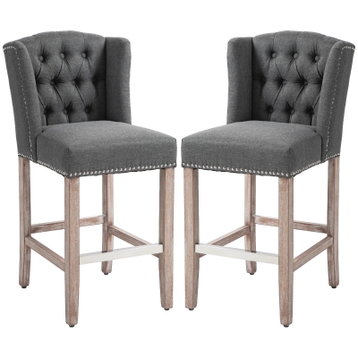 HOMCOM Counter Height Bar Stools Set of 2, Upholstered Bar Chairs with Nailhead Backrest and Footrest, Charcoal Grey