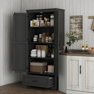 HOMCOM 69" Tall Farmhouse Kitchen Pantry Cabinet with 2 Doors, Drawer and Adjustable Shelves, Black Wood Grain