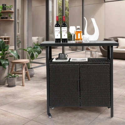 Outdoor Wicker Bar Cart with Plastic Wood Tabletop, Black