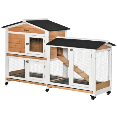 PawHut 62" Wooden Rabbit Hutch with Wheels, Run Box, Tray, Ramp for Small Animals, Guinea Pig, Indoor Outdoor Use, Yellow