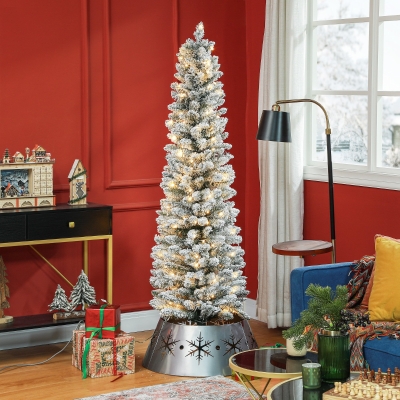 HOMCOM 6ft Artificial Prelit Christmas Tree with Warm White LED Light, Snow Flocked Branches, Metal Base, Pencil Xmas Tree