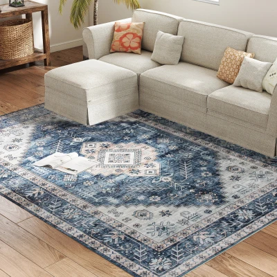 HOMCOM 6x9 Area Rug, Vintage Machine Washable Rug, Non-Slip Floor Carpet for Living Room, Bedroom, Dining Room, Blue