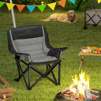 Outsunny Portable Padded Camping Chair with Cup Holders, Gray