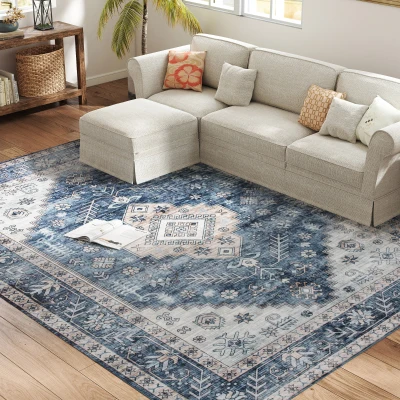 HOMCOM 9x12 Area Rug, Vintage Machine Washable Rug, Non-Slip Floor Carpet for Living Room, Bedroom, Dining Room, Blue