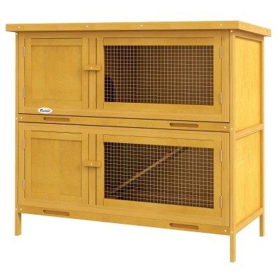 PawHut Wood Rabbit Hutch with 2 Large Main House, Ramp, Trays, Yellow