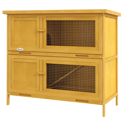 PawHut Wood Rabbit Hutch with 2 Large Main House, Ramp, Trays, Yellow
