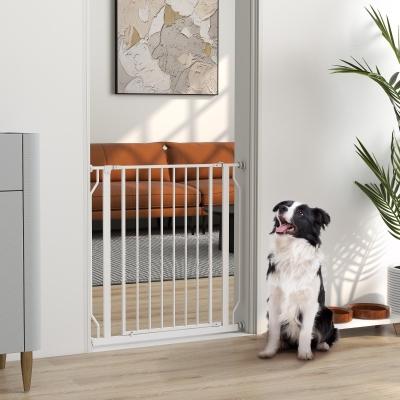 PawHut 30"- 34" Easy Install Pet Gate w/ Door & Double Locking System, Extra Wide Dog Gate for Stairs, Hallways, White