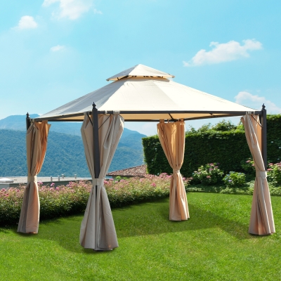 Outsunny 10x10ft Patio Gazebo Canopy Double-tire Garden Shelter Outdoor Sun Shade with Curtains, Beige