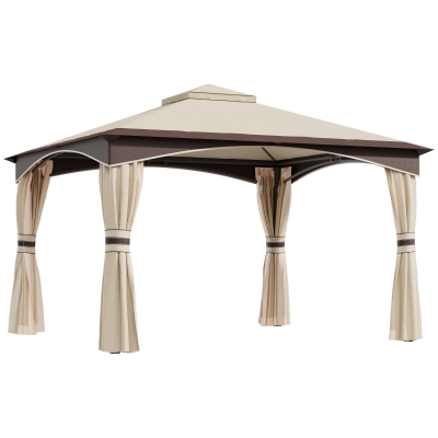 Outsunny 10' x 12' Soft-top Large Gazebo Canopy Tent with Double Canopy Roof Eaves, Mesh Netting Sidewalls, Steel Frame, Beige