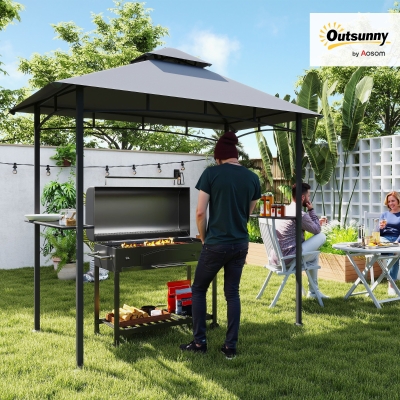 Outsunny 8' x 5' BBQ Grill Gazebo Tent with Double Tiered Canopy for Outdoor Sun Shade, Grey