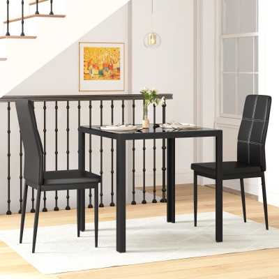 HOMCOM 3-Piece Rectangular Glass Kitchen Table and Chairs with Metal Frame and Faux Leather Upholstery for Dining Room, Black