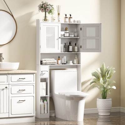 HOMCOM Over the Toilet Storage Cabinet, Bathroom Organizer with Adjustable Shelf, Toilet Paper Holder for Bathroom, Laundry