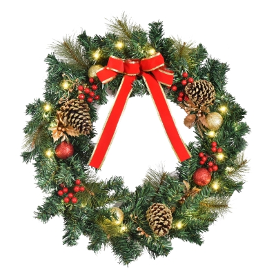 HOMCOM Christmas Wreath 24" Pre-Lit Artificial Greenery Xmas Spruce Wreath Cones Red Berries 20 LED Lights Battery Operated