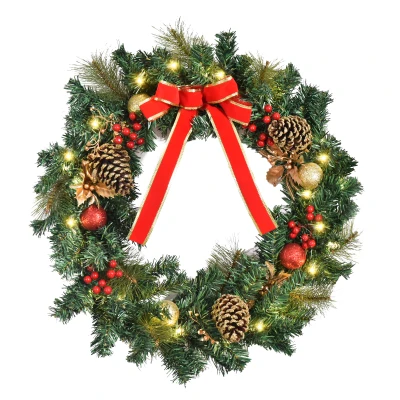 HOMCOM Christmas Wreath 24" Pre-Lit Artificial Greenery Xmas Spruce Wreath Cones Red Berries 20 LED Lights Battery Operated