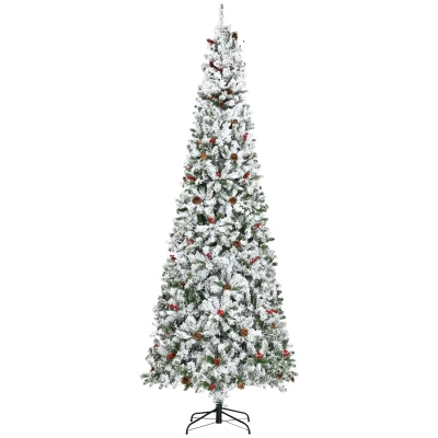 HOMCOM 9-foot Pencil Snow Flocked Artificial Christmas Tree with 1350 Pine Realistic Branches, Pine Cones, Red Berries, Auto Open, Green