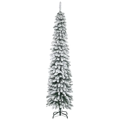 HOMCOM 7ft Snow-Flocked Artificial Christmas Tree, Slim Pencil Xmas Tree with 490 Realistic Branches, Metal Base, Green