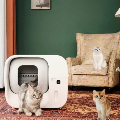 Odor-Free Self-Cleaning Litter Box with Self-Pack and Refill System, White Gray