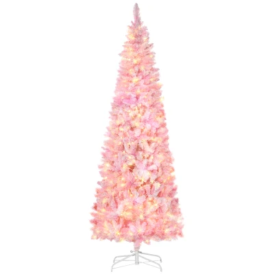 HOMCOM 7.5 Foot Prelit Snow Flocked Artificial Christmas Tree with Pencil Shape, 700 Pine Realistic Branches, Warm White LED lights, Auto Open, Pink and White