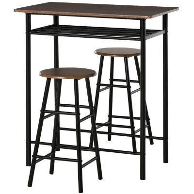 HOMCOM 3 Piece Counter Height Bar Table Set with 1 Table, 2 Matching Stools, Dining Table Set with Storage Shelf and Metal Frame Footrest, Black and Oak