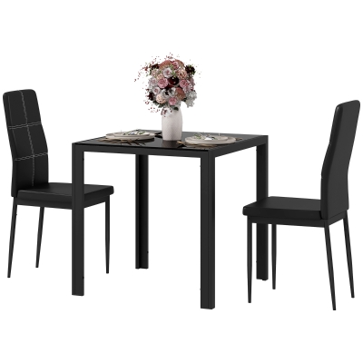 HOMCOM 3-Piece Rectangular Glass Kitchen Table and Chairs with Metal Frame and Faux Leather Upholstery for Dining Room, Black