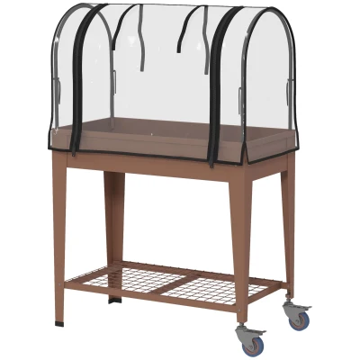 Outsunny 3' x 1' x 4' Raised Planter with Greenhouse Cover and Roll-up Door Mobile Elevated Garden Bed on Wheels for Herbs Brown