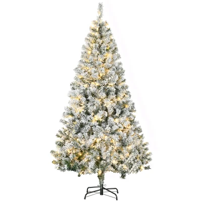 HOMCOM 6ft Artificial Prelit Christmas Tree with Warm White LED Light, Snow Flocked Branches, Metal Base, Xmas Tree