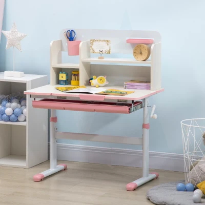 Qaba Kids Study Desk, Height Adjustable, Pink, Storage Shelf
