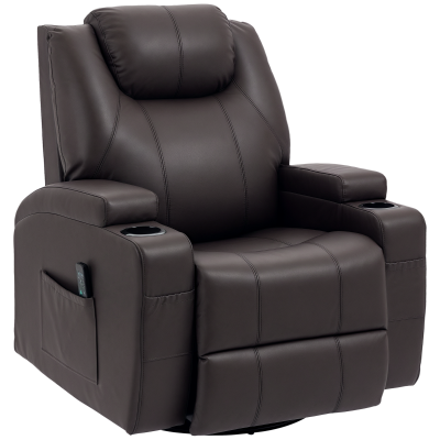 HOMCOM Massage Recliner Chair, Swivel Nursery Rocker Chair, Manual Reclining Sofa with 8 Vibration Points, PU Leather, Cup Holders, Side Pockets, for Living Room, Brown