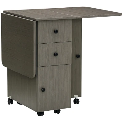 HOMCOM Foldable Dining Table, Rolling Kitchen Table with Storage Drawers and Cabinet, Drop Leaf Table on Wheels, Grey