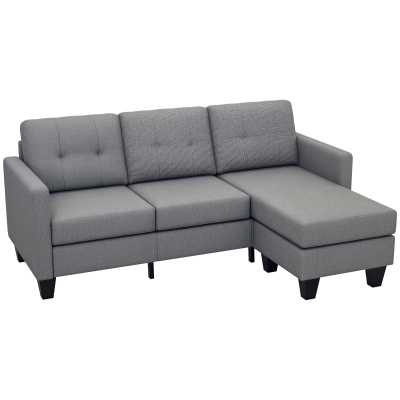 HOMCOM L-shaped Sofa, 3 Seater Couch with Ottoman, Corner Sofa with Thick Padded Cushion and Wood Legs, Light Grey