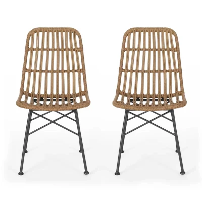 Set of 2 Modern Outdoor Rattan Dining Side Chair with Iron Frame, Round Edges, X-Frame Support, 18" L x 24" W x 35" H, Light Brown+Black