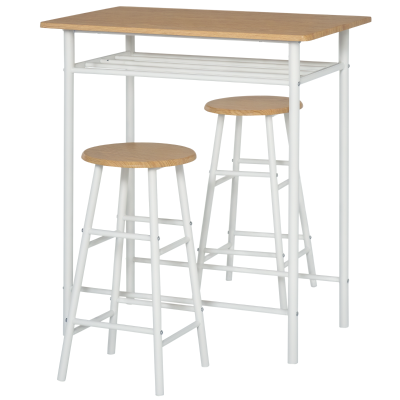 HOMCOM 3 Piece Counter Height Bar Table Set with 1 Table, 2 Matching Stools, Dining Table Set with Storage Shelf and Metal Frame Footrest, White and Oak