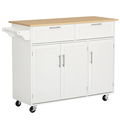 HOMCOM Rolling Kitchen Island, Kitchen Cart on Wheels with 2 Storage Drawers, 3 Door Cabinets and Towel Rack for Dining Room (White, 3-Doors)