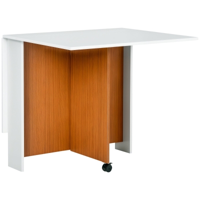 HOMCOM Foldable Dining Table, Drop Leaf Folding Side Table Console Writing Desk with 2 Wheels for Kitchen, Dining Room, Teak, White