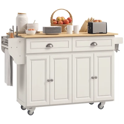 HOMCOM Kitchen Island with Storage, Rolling Kitchen Island with Drop Leaf, Rubber Wood Top and Adjustable Shelves, Cream White