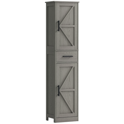 HOMCOM 67" Tall Bathroom Cabinet, Narrow Bathroom Storage Cabinet with Drawer, Barn Doors and Adjustable Shelves, Dark Grey