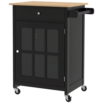 HOMCOM Rolling Kitchen Cart with Drawer and Glass Door Cabinet, Kitchen Island on Wheels with Towel Rack, Black