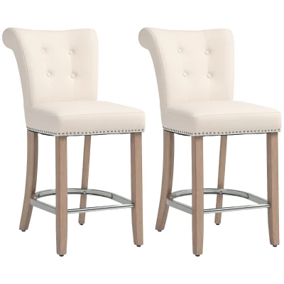 HOMCOM Bar Stools Set of 2, Upholstered Counter Height Stools with Button Tufted Back, Wood Legs and Footrest, Cream White