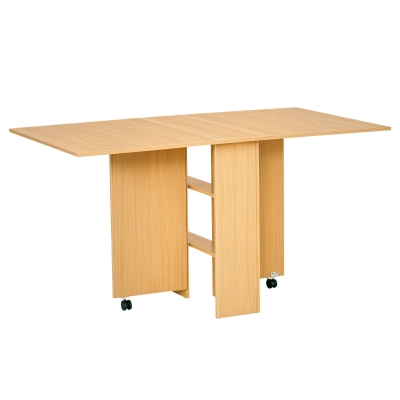 HOMCOM Folding Dining Table, 55" Drop Leaf Table for Small Spaces, Foldable Table with Storage Shelves for Kitchen, Dining Room, Teak