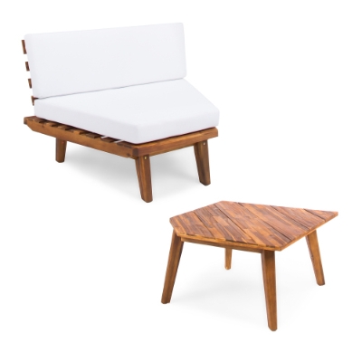 Acacia Wood Patio Sectional Sofa with Table - Water Resistant Outdoor Cushions, Corner Design, 40"L x 29"W x 27"H