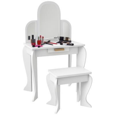 Qaba Kids Dressing Table and Chair Set, Girls Dressing Set, Makeup Desk with Drawer for 3-6 Years Old Kids, White