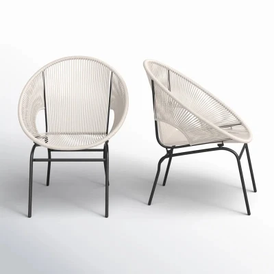 Set of 2 Modern Faux Rattan Club Chair with Iron Frame, Outdoor Patio Seating, Easy Assembly, 29" L x 26" W x 33" H, White