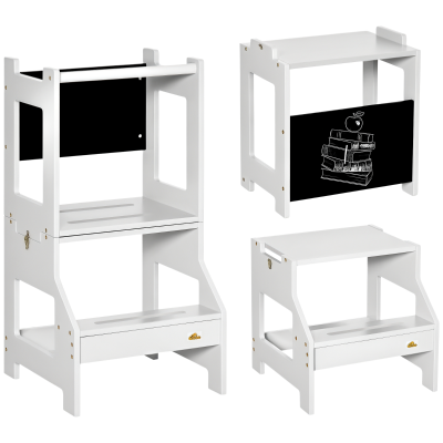 Qaba 2-in-1 Kids Kitchen Helper Step Stool, Detachable Toddler Table and Chair Set, Children Standing Tower for Kitchen Counter with Safety Rail Chalkboard, Grey