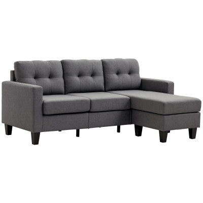 HOMCOM L-shaped Sofa, 3 Seater Couch with Ottoman, Corner Sofa with Thick Padded Cushion and Wood Legs, Dark Grey